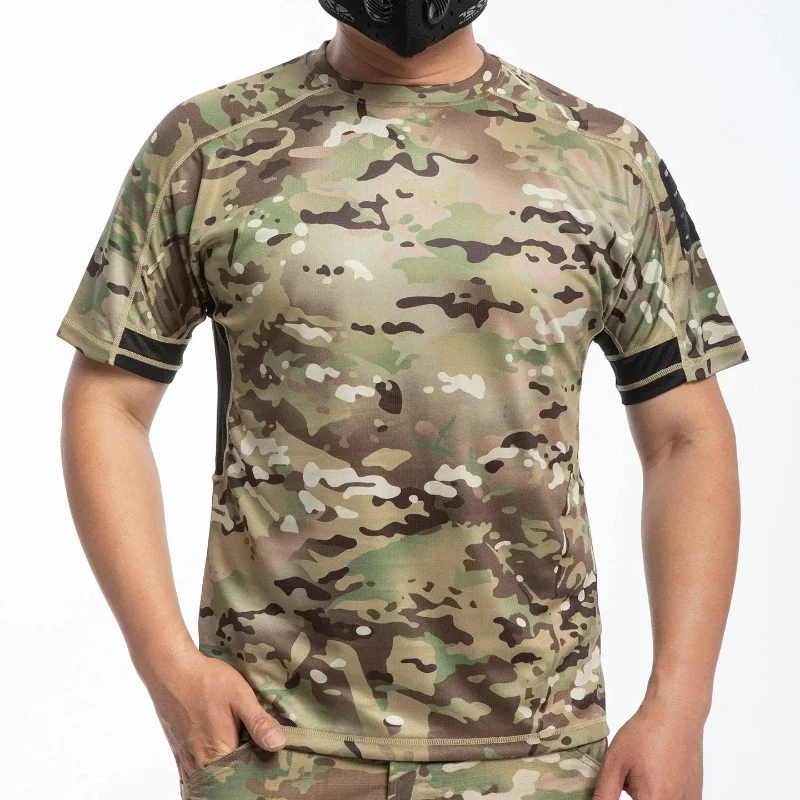 

Мужская дышащая тактическая футболка с коротким рукавом в стиле милитари, летний топ, быстросохнущая футболка, камуфляжная футболка с коротким рукавом и круглым вырезом