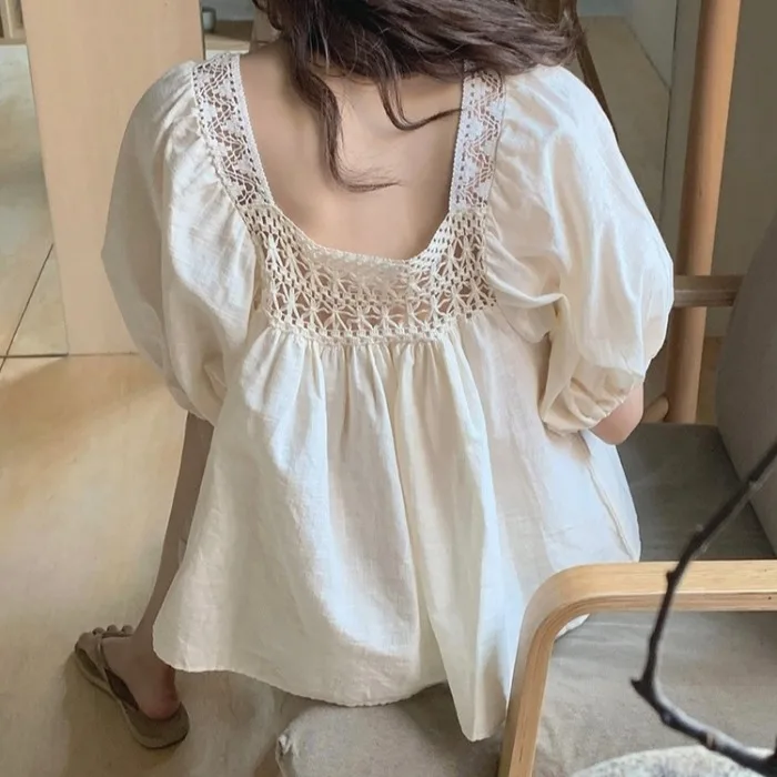 

Short Sleeve T-Shirt Women's Anti-Aging Fashionable Top Lace Hollow out Back Doll Collar Base Shirt Casual Loose Fit Summer 2026
