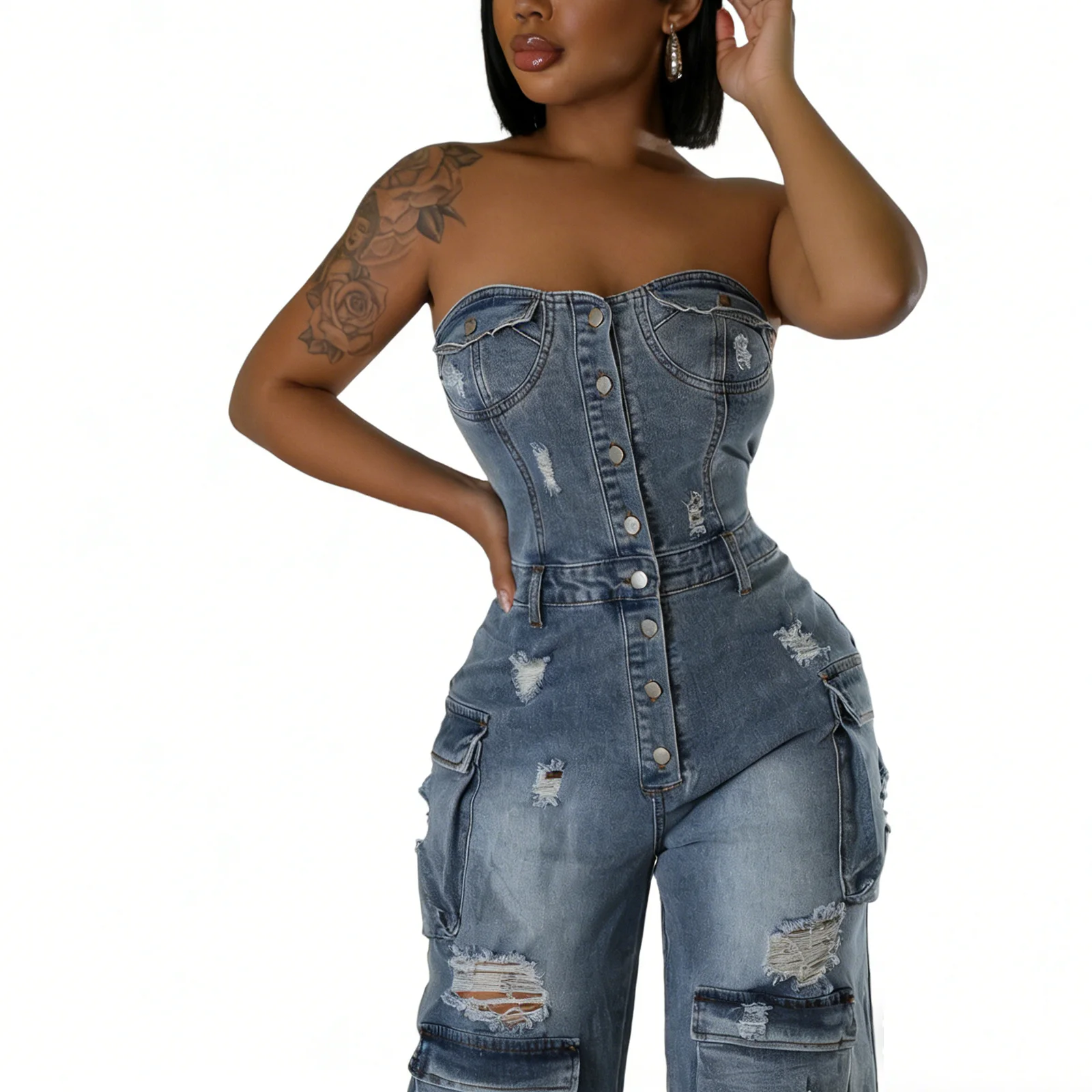 Women's Strapless Distressed Denim Cargo Jumpsuit – Washed Blue Grey Wide Leg Romper with Pockets for Casual Streetwear