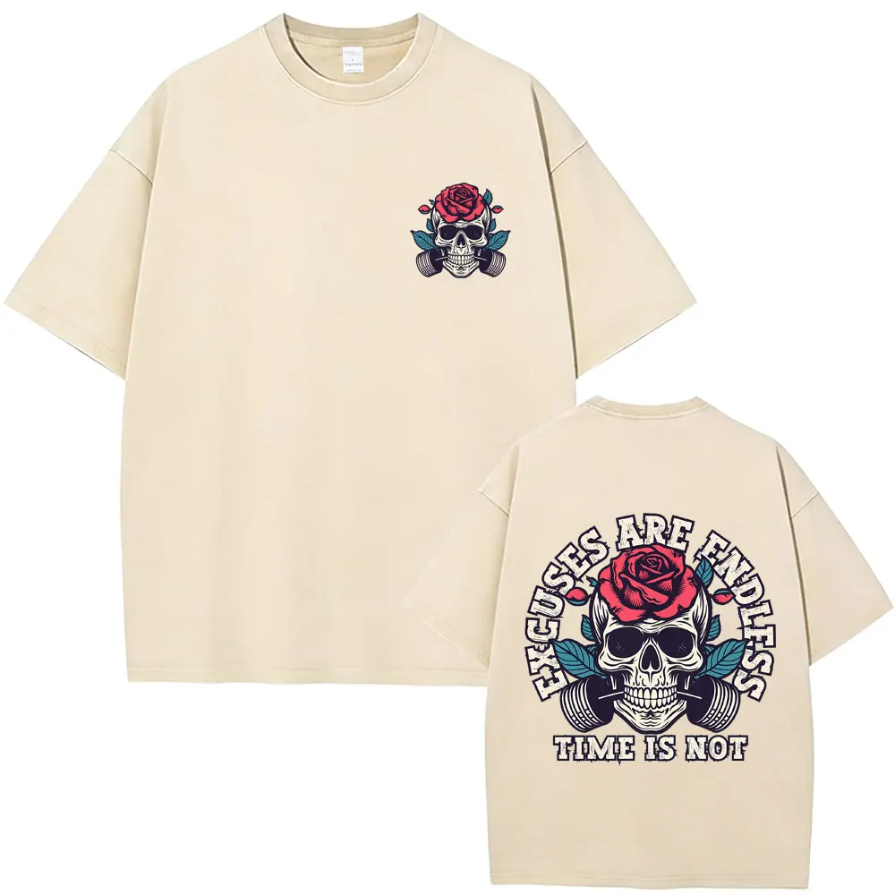 

Excuses Are Endless Time Is Not Skeleton Vintage Washed T-shirt Men Women Gym Fitness Casual T Shirt Male Retro Rock Streetwear