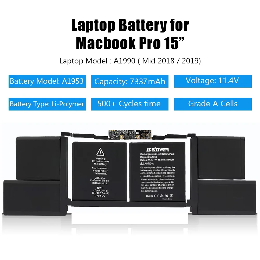 Apple APPLE MacBook Pro 15" A1990 터치바 2018 2019 EMC 3215 MC3359 83.6Wh 7337mAh용 SKOWER A1953 배터리