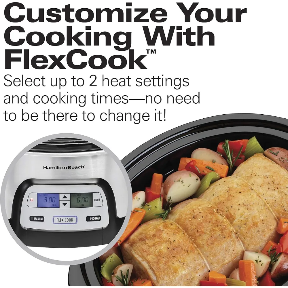 Beach 33861 Portable Programmable Slow Cooker, Dishwasher Safe Crock, 6 Qt, FlexCook Dual Digital Timer/2 Heat Settings