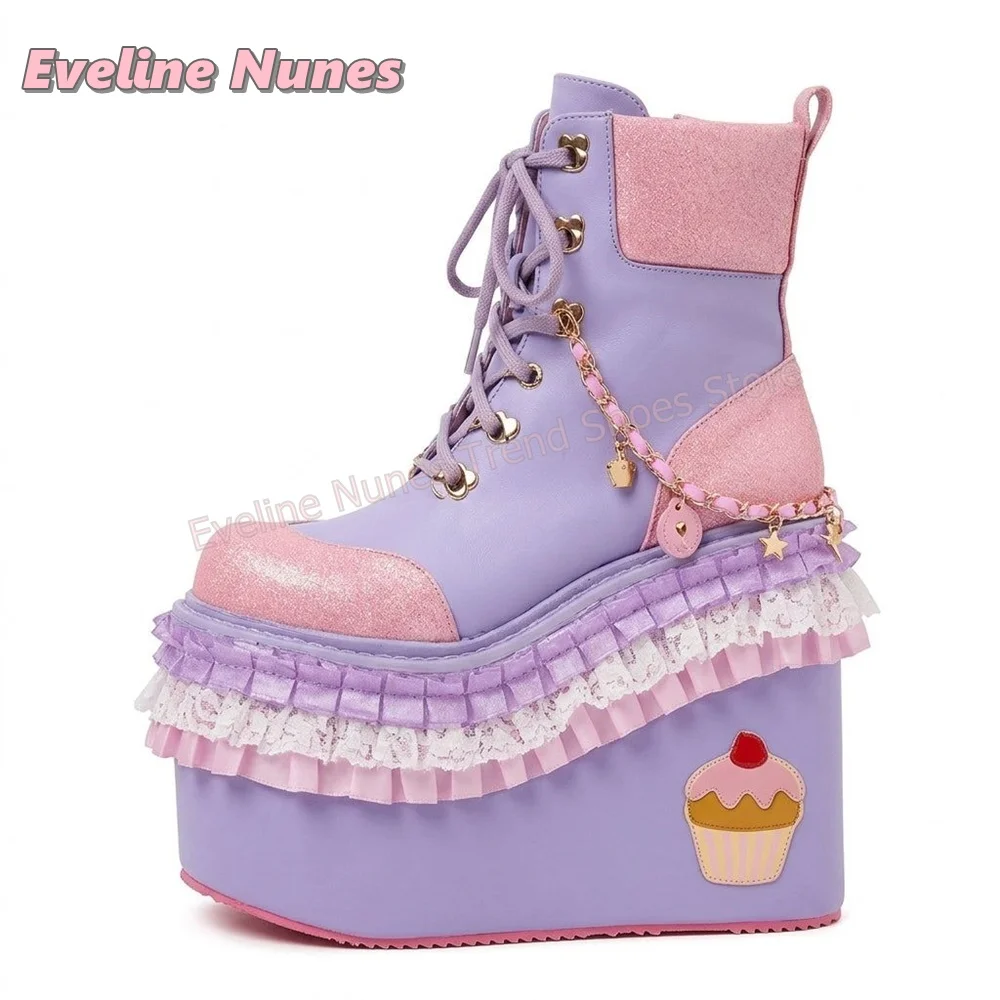 Sweet Gothic Lolita Wedge Ankle Boots Women Pastel Platform Ruffle Lace Chain Cupcake Decor Lace Up Cosplay Event Street Wear