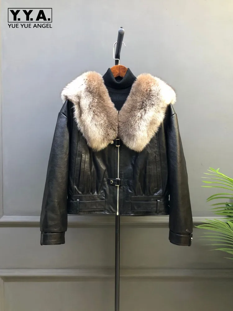 جديد الشتاء المرأة الدافئة أوزة أسفل سترة فاخرة الثعلب الفراء طوق الشارع الشهير سستة الشرير النفط الشمع البقر جلد طبيعي معطف قصير #1