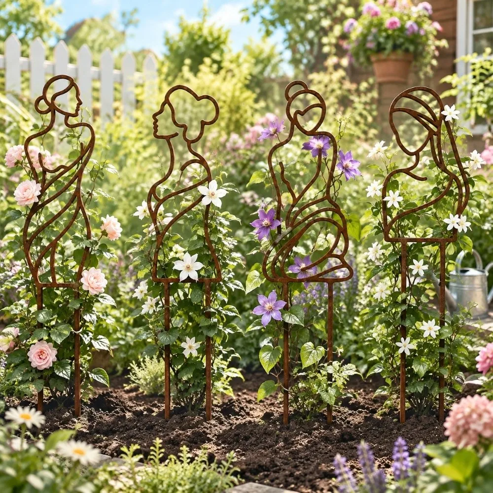 Iron Character Silhouette Plant Stand Hollow Out Weather Resistance Plant Fixed Frame Strong Load Bearing Garden Plant Trellis