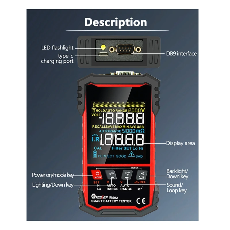 TOOLTOP Battery Internal Resistance Tester 500Ω High Precision Calibratable For Electric Car Electromobile