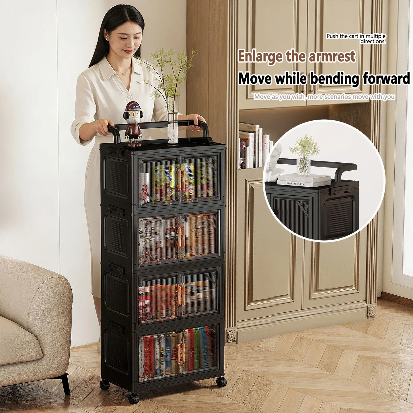 No-Install Foldable Storage Cabinet with Wheels – Multi-Layer Rolling Organizer for Living Room Snacks & Clutter, Home Trolley