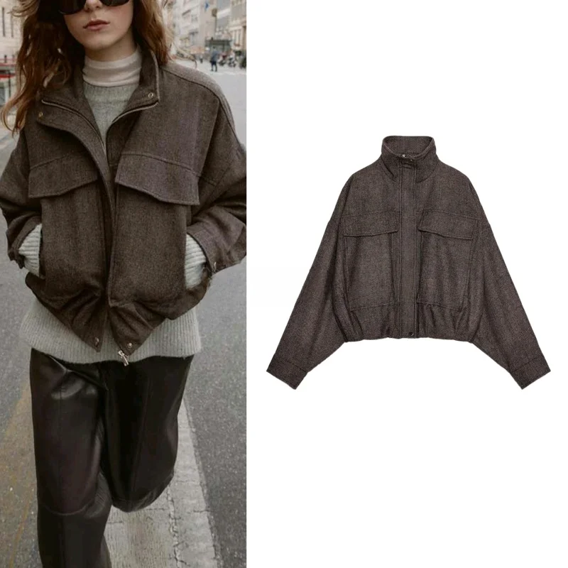 

Autumn Winter Women's Long Sve Stand Collar Pilot Jaet Pleated Decorative Zipper Closure Casual Loose Fit Polyester