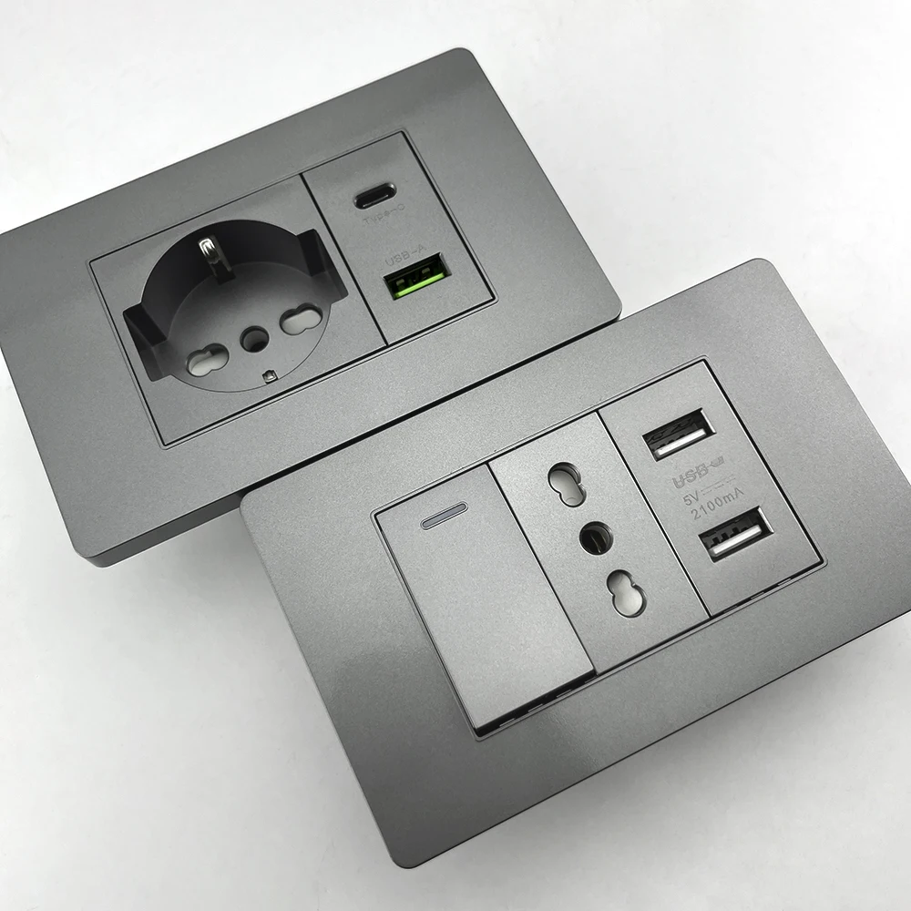 Grey PC Italy USB Type C Fast Charging Wall Socket Chile Schuko Smart Outlet Sat TV Computer CAT6 Electric Light Switch Panel