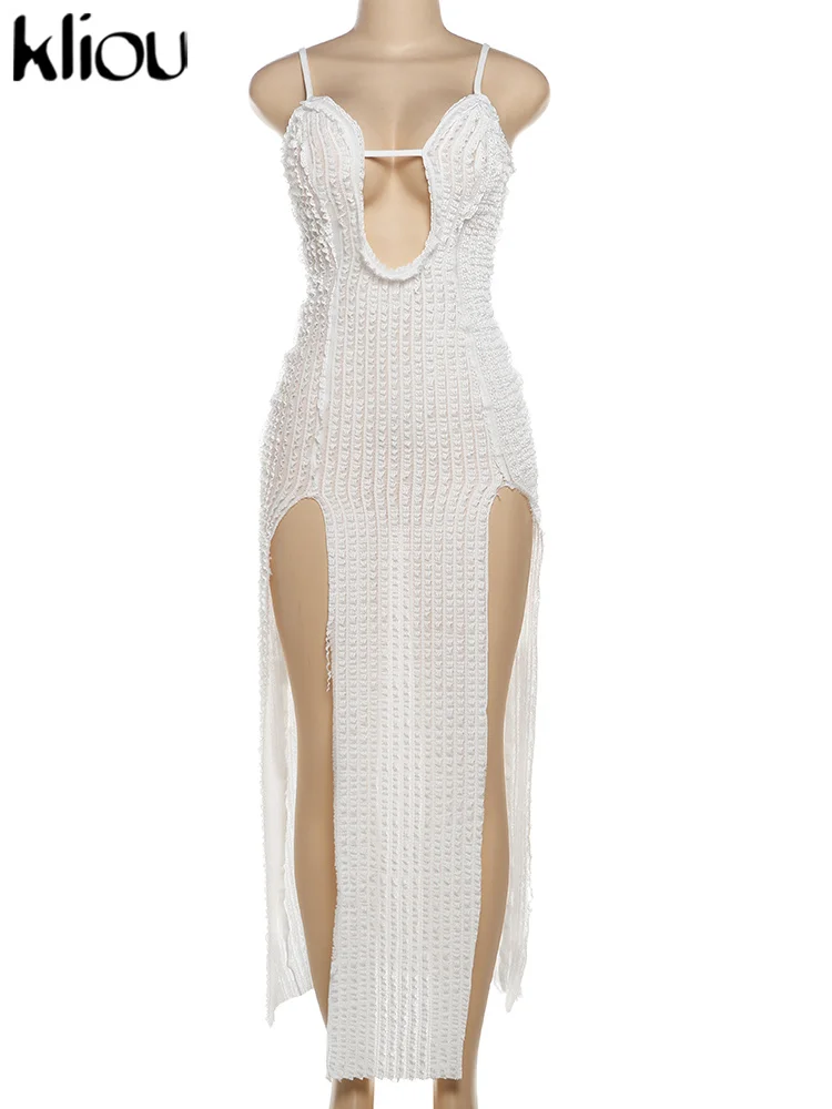 Kliou-vestido de fibra de leche de media pantorrilla para mujer, de color liso fruncida camisola, vestido Sexy de fiesta, K24D48187