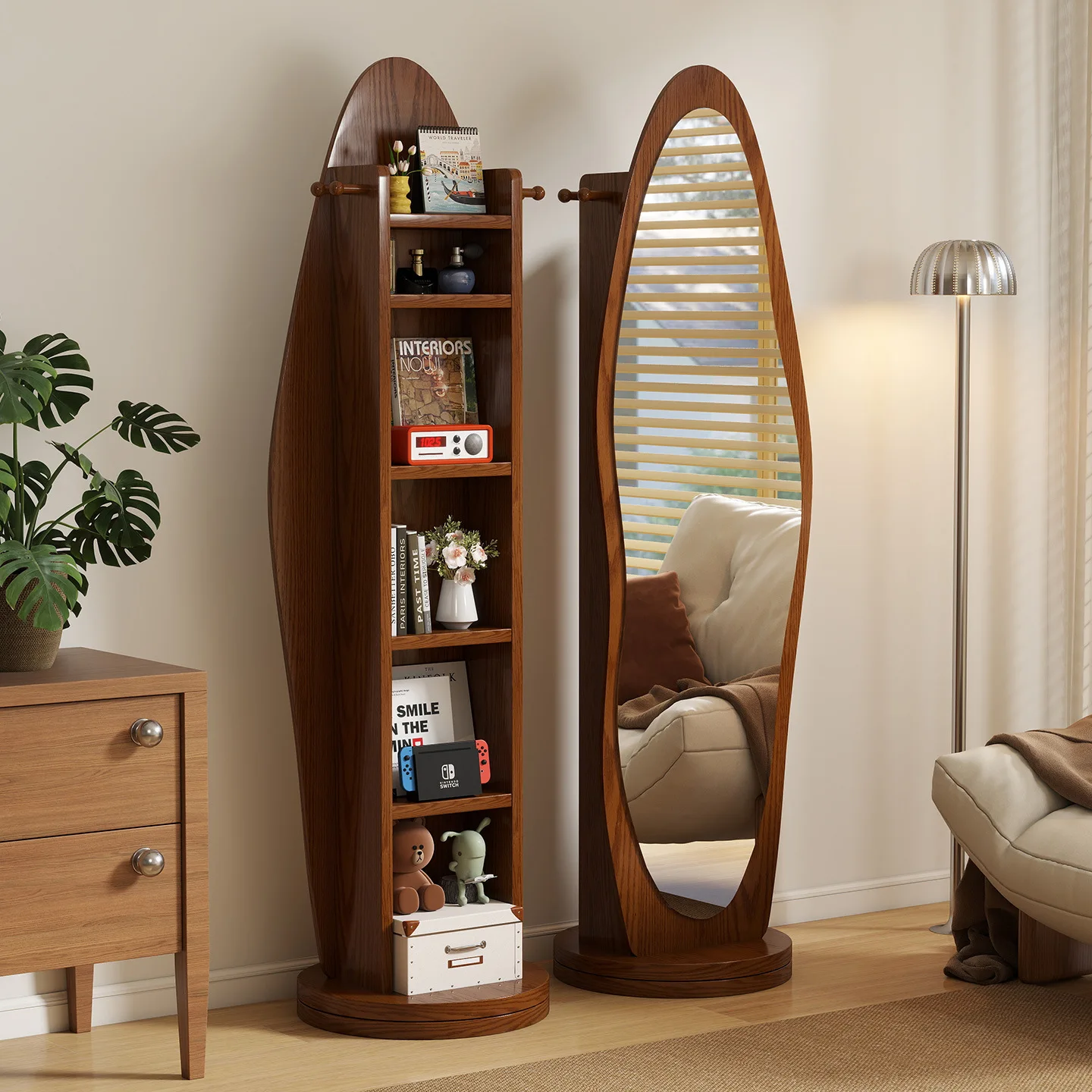 Used solid wood dressing mirror, storage cabinet combo, home bedroom full-length mirror, moving rotating bookshelf fitting mirro