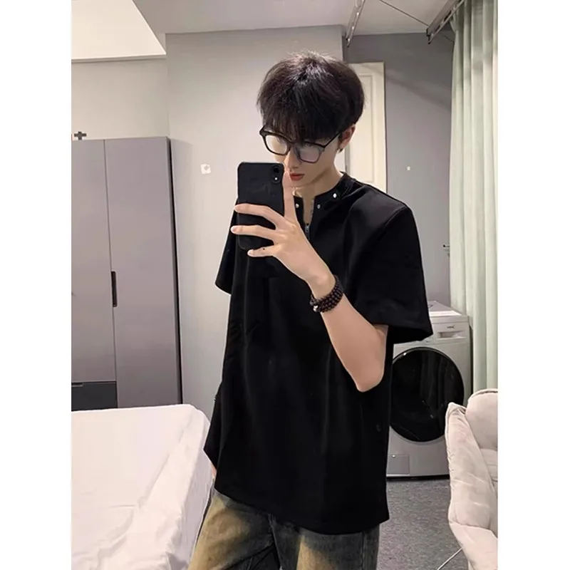 Men's T-shirt Summer New Fashionable Half Zipper Shoulder Pads T-shirt Men's Short Sleeve Riveted