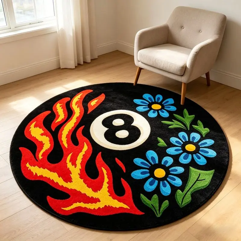 VIKAMA Flame Daisy No 8 Rug Round Soft Non-Slip Floor Protector Chair Mat Bedside Carpet for Study Bedroom Home Decor