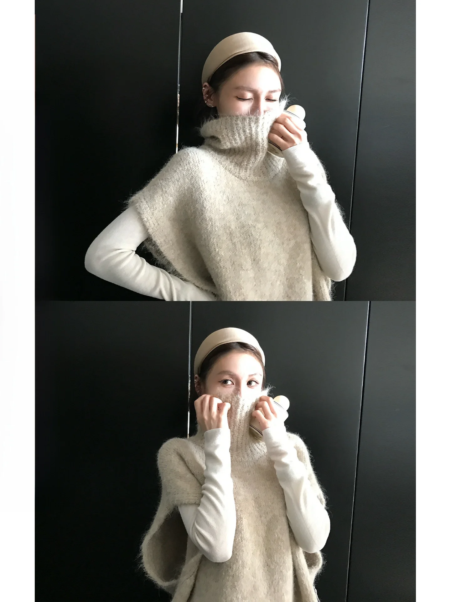 

Oversized High Collar Sweater Vest Lazy Sle Layering Oat Milk Foam Spring Collection Women's Knittedwear Polyester Blend