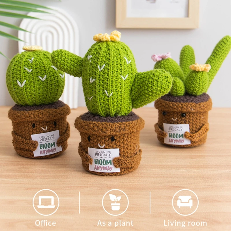 Handmade Crochet Emotional Support Cactus Sunflower Desktop Ornament with Positive Energy Card Office Room Home Decoration Gifts