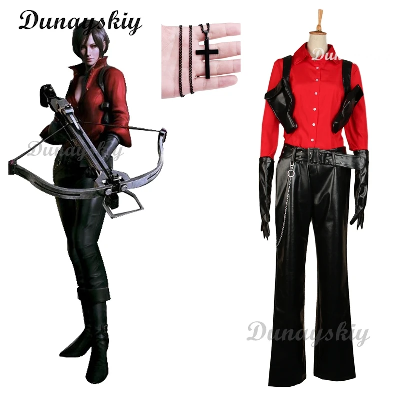 Resident 6 Ada Wong Cosplay Costume Wig Prop Evil Red Shirt Pants Halloween Carnival Disguise Suit Women Girls Customized