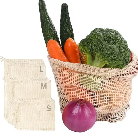 3PCS Reusable Cotton Mesh Produce Bags Eco Friendly Drawstring Fruit Vegetable Storage Bags Kitchen Food Organizer