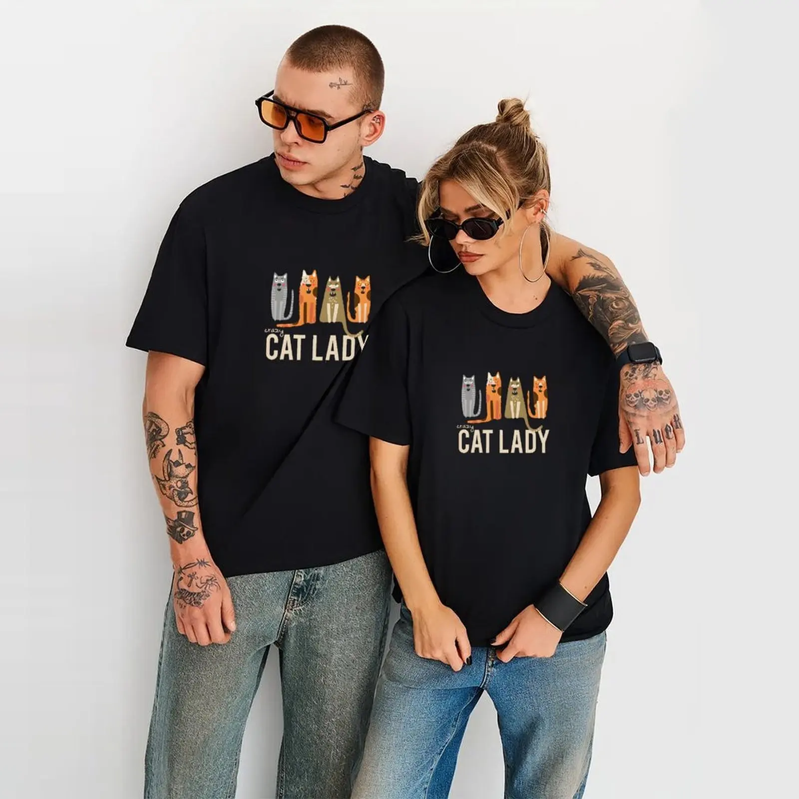 

Crew Neck Comfortable Casual Short Sleeve T-Shirt With Lazy Cat And Water Cup Print Moisture Wicking And Sweat Absorbing