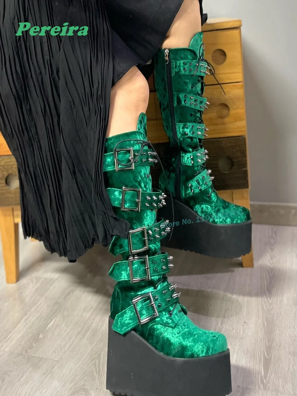 Green Rivet Punk Boots Wedges Platform Belt Buckle Knee High Women\'s Boots Couple Gothic Stud Height Increasing Shoes Casual