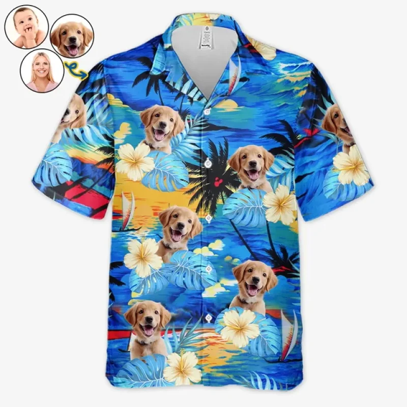 

Custom Dog Face Cat Face Unisex Hawaiian Shirt Tropical Leaves Personalized Vacation Beach Shirt Gift For Pet Owners Pet Lovers