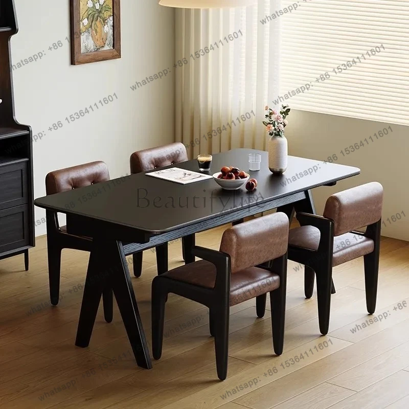Retro solid wood rock slab dining table and chairs New apartment household rectangular French living room ash wood dining table