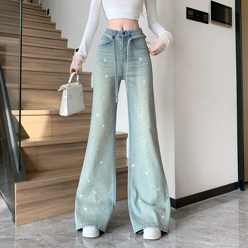 Retro Washed Diamond-encrusted Jeans Women's Spring Design Sense High-waisted Straight-leg Pants Loose Wide-leg Mopping Pants