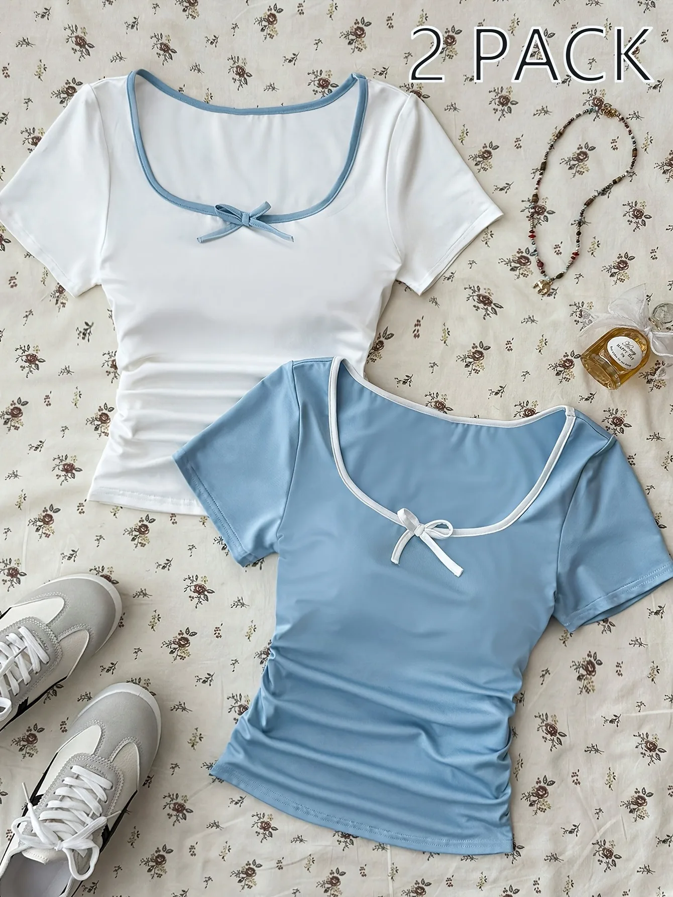 Teen Girls 2 Pack Cute Tee Shirts, Color Block Bow Square Neck Side Shirring Slim Casual Summer Blouses for Daily Street Shootin