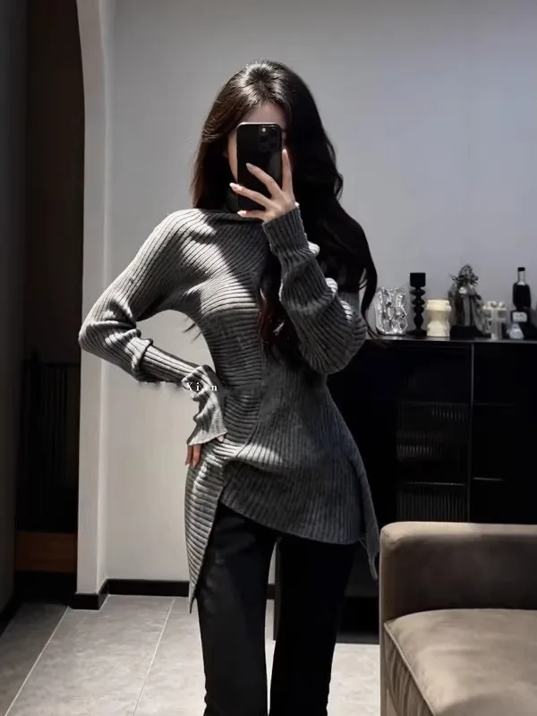 

ay Asymmetrical Knitted Sweater Women's Autumn Winter New Sle Slimming Versatile Base Layer irt Top Korean Sle Commut...