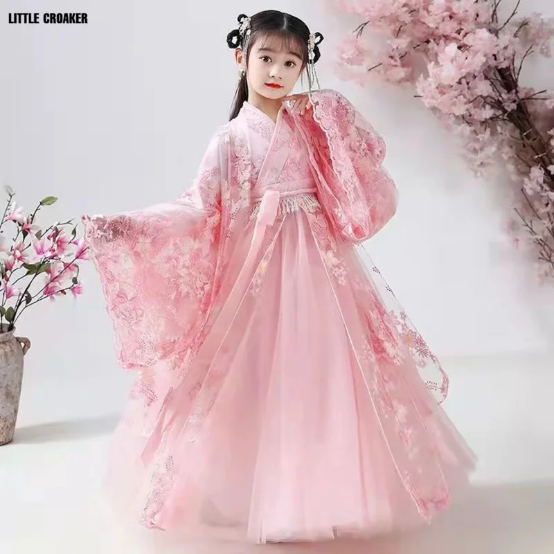 Chinese traditional folk dance dress girls pink dance costume Hanfu girls princess dresses set kids party cosplay clothing js544