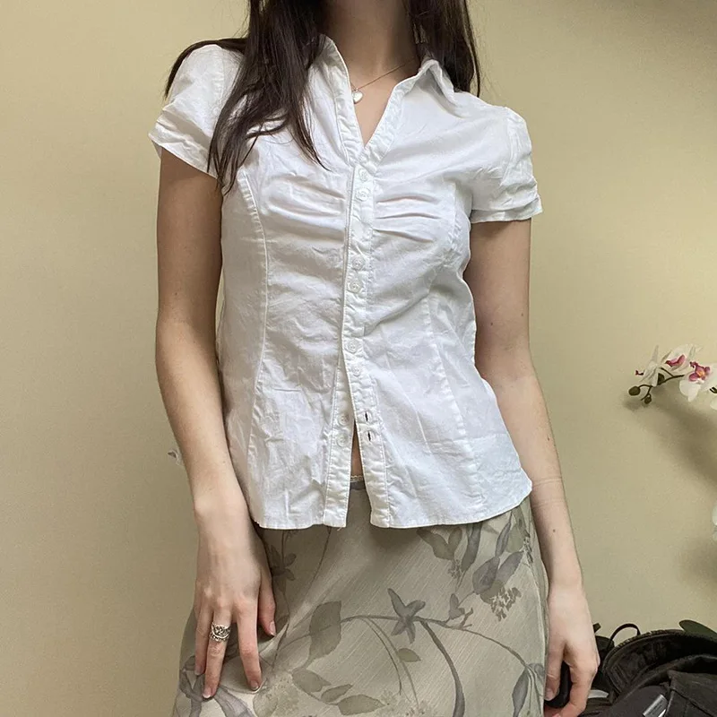 Summer Women's White Buttons Back Strap Short Sleeved Shirt