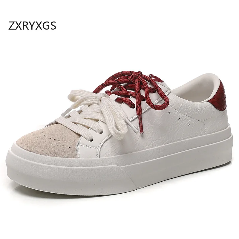

ZXRYXGS New Cow Suede Splicing Patent Leather Spell Color Women Trendy Sneakers 2025 Lace-up Fashion Casual Sneakers Flat Shoes