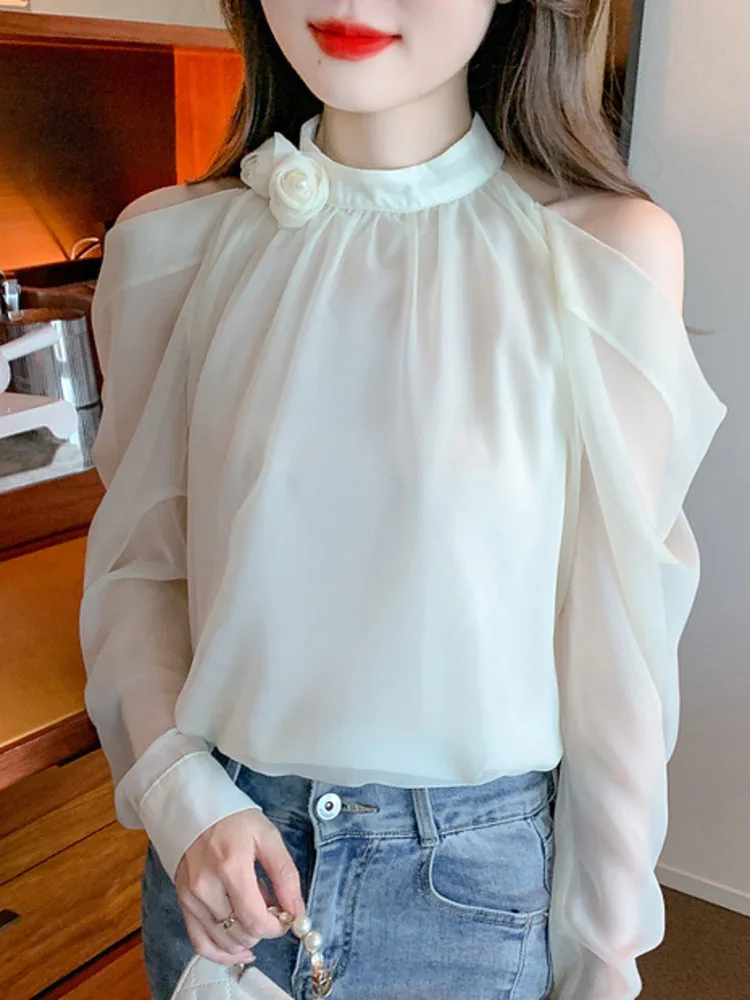 #2590 Chiffon Off Shoulder Blouse Women Long Sleeve Thin Sexy France Style Split Joint Ladies Tops And Blouses Spring Summer