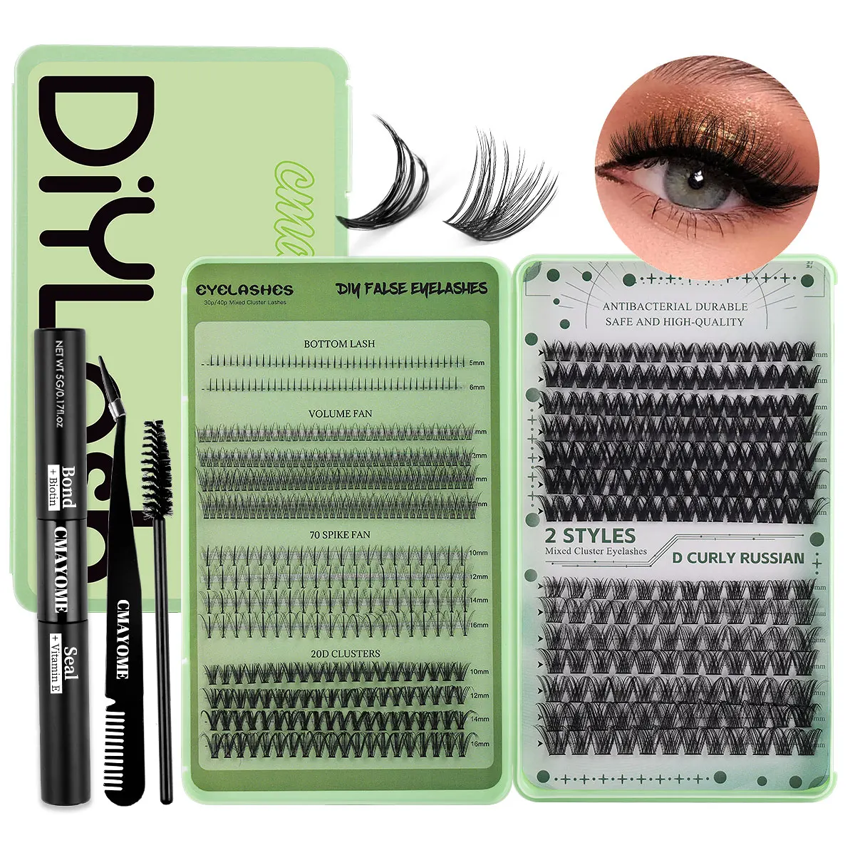 QSTY-C個のカールした個々のまつげクラスター,超薄型バンド,再利用可能,柔らかい接着剤,5〜16mm, DIYまつげエクステ