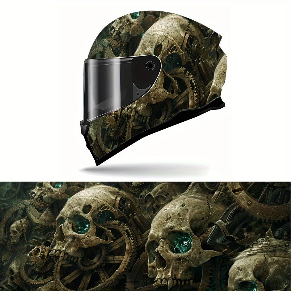 Steampunk Style Skull Cluster Full Face Helmet Vinyl Wrap Sticker, Durable PVC Material, Artistic Aesthetic Graphic Decal for Mo