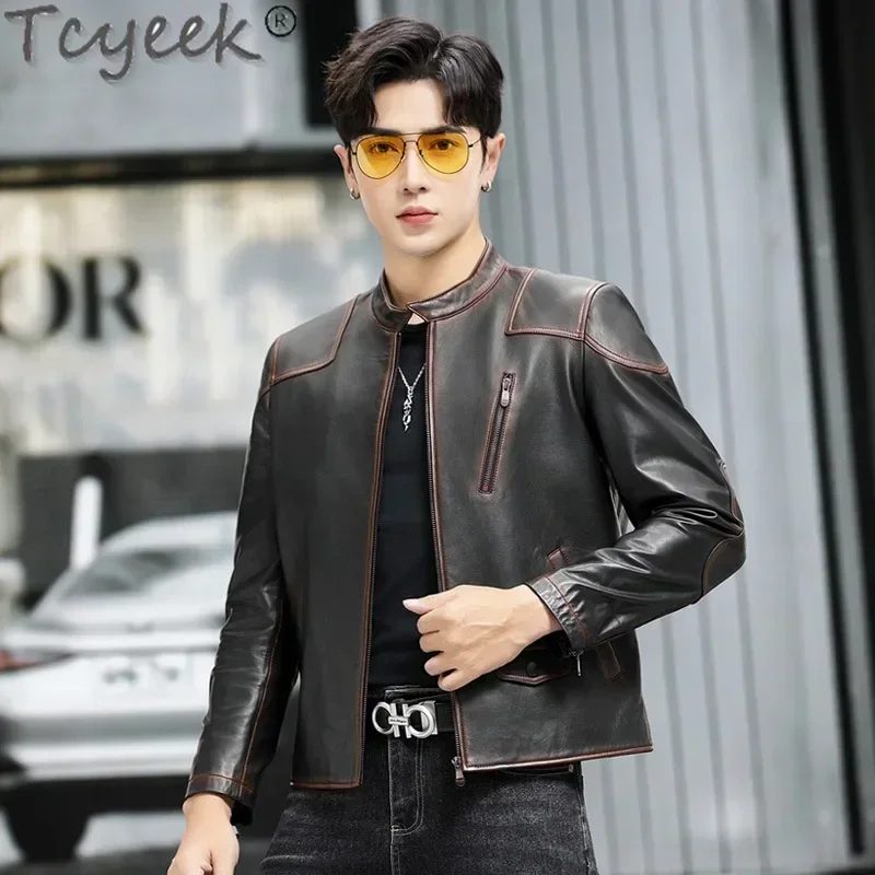 Tcyeek Top Layer Cowhide Coat Men Autumn Winter Clothes 2025 Men's Motocycle Jackets Vintage Natural Leather Jacket Streetwear