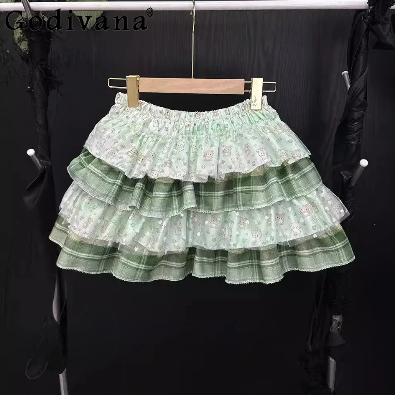 Girls Japanese Sweet Lolita Style Skirt High Waist Print Ruffles Bow Cake Mini Skirt Women Kawaii Cute Y2k Short Skirts