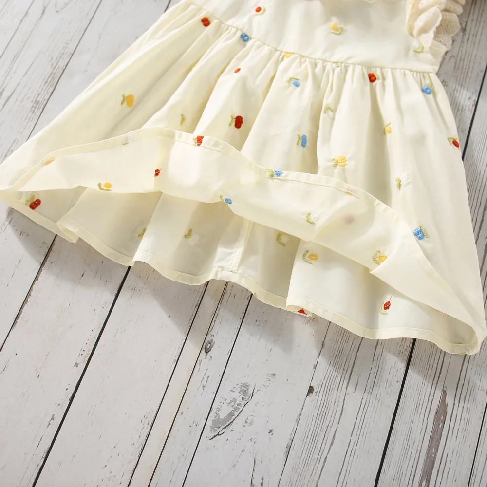 Girls Summer Style Flying Sleeve Dress Autumn New Item Flower Embroidery Princess Dress Sweet And Cute Childrens Dress