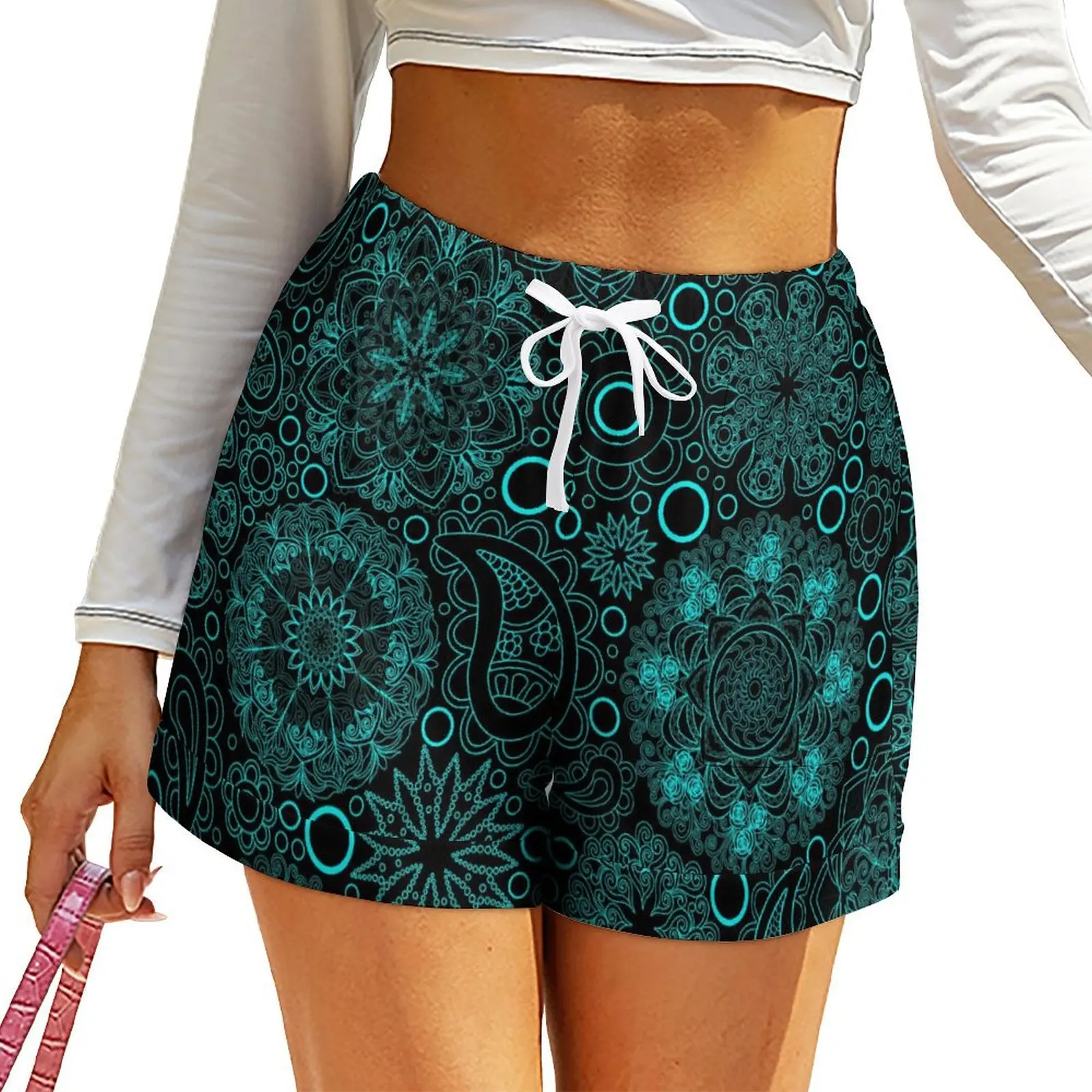 

Boho Paisley Shorts Blue Mandala Oversized Casual Loose Shorts Elastic High Waist Night Club Short Pants Women Pockets Bottoms