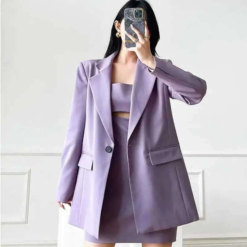 Women\'s Autumn Korean Fashion Suit Coat+Purple Sling Dress Two Piece Set 2022 New Female Loose Casual Blazer Mini Skirt Suit