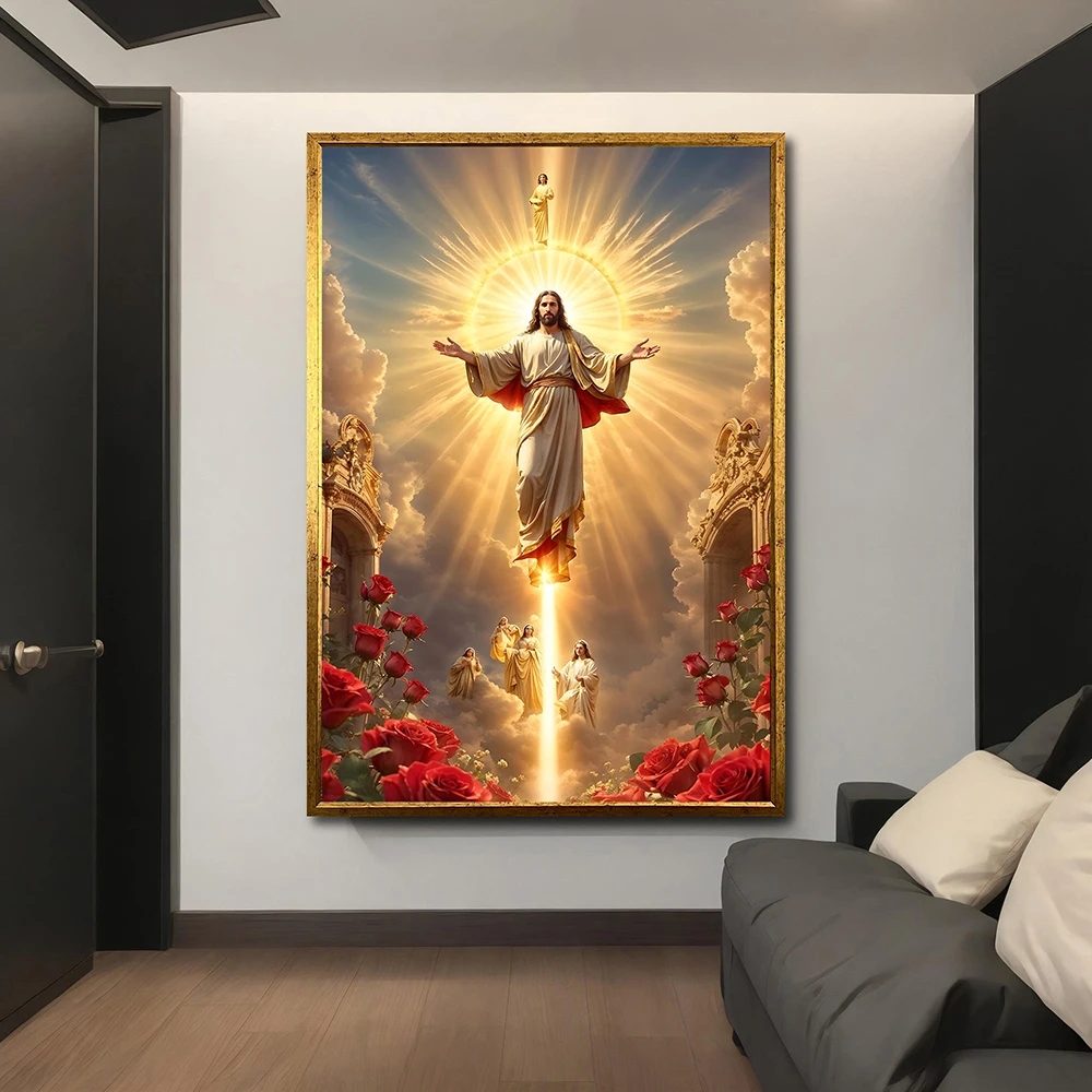 Ascension of Jesus Christ Canvas Print, Heavenly Light & Angels Religious Wall Art, Roses Theme Spiritual Decor, No Framed Chris