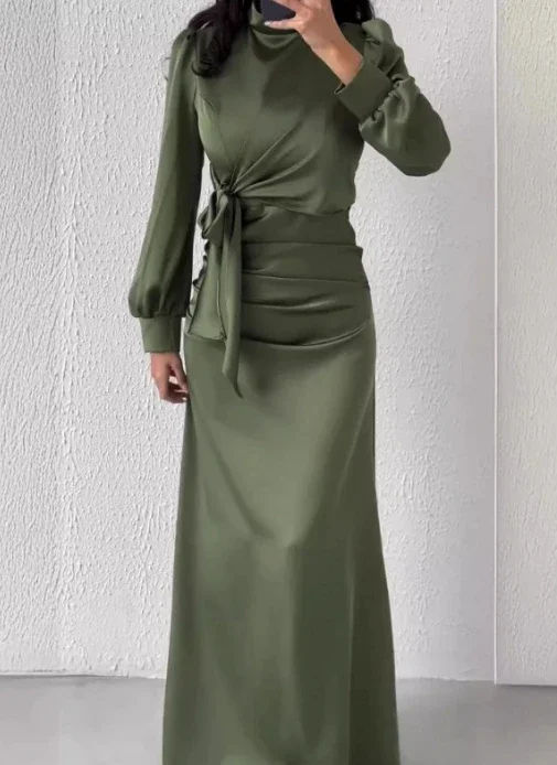 

Dress Women Autumn Fashion Solid Color Satin Dress Women High Neck Long Sleeve High Waist Tie Up Elegant Slim Maxi Dress