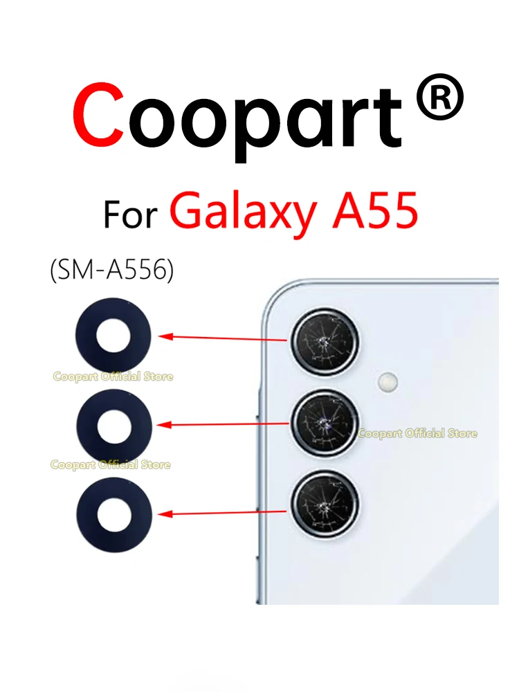 Szkło obiektywu tylnej kamery Coopart do Samsung Galaxy A55 5G SM-A556, wraz z taśmą samoprzylepną, do wymiany. — zdjęcie produktu 3