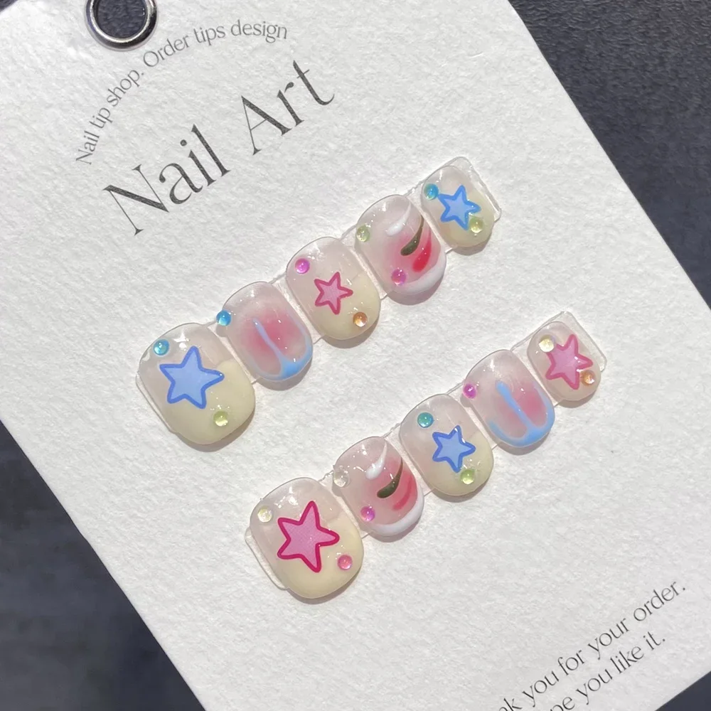 Handmade Star Korean Press on Nails Short Cute Acrylic Reusable Adhesive False Nails Full Cover Nails Tips Hand Paint Nail Art