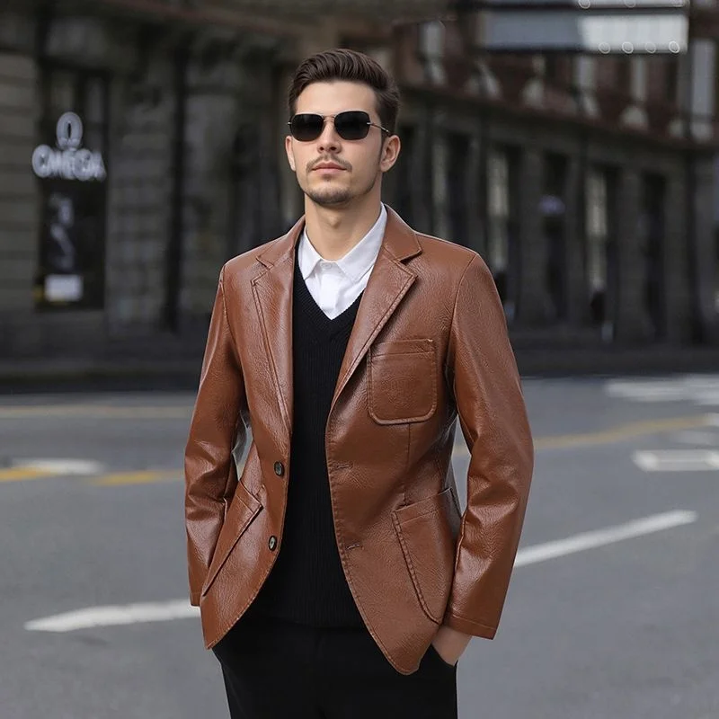 

Men's Vintage Biker Jacket American Style PU Leather Coat Stand Collar Loose Fit Retro Punk Zipper Windproof Casual Blazer 2025