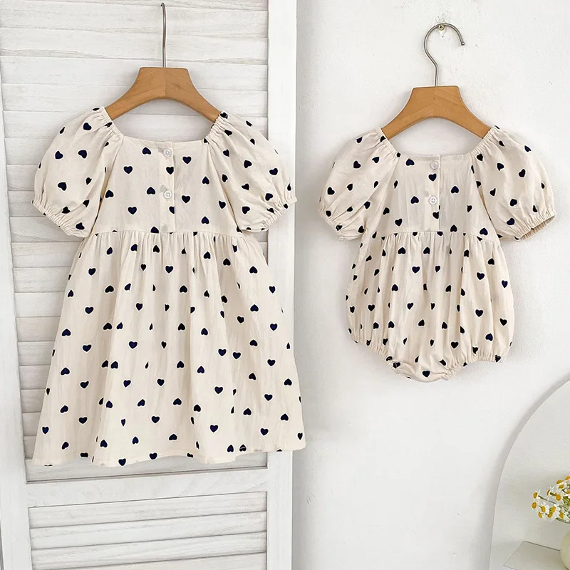2026 New Summer Sister Clothing Kids Princess Dresses 2-6Yrs Baby Girl Party Dress Short Sleeved Cotton Print Infant Baby Romper
