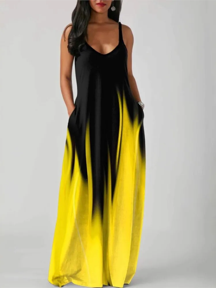 

Casual Patchwork Print Dress For Women Fashion Sexy Deep V Neck Spaghetti Strap Dresses Robe Femme Summer Womens Clothing New