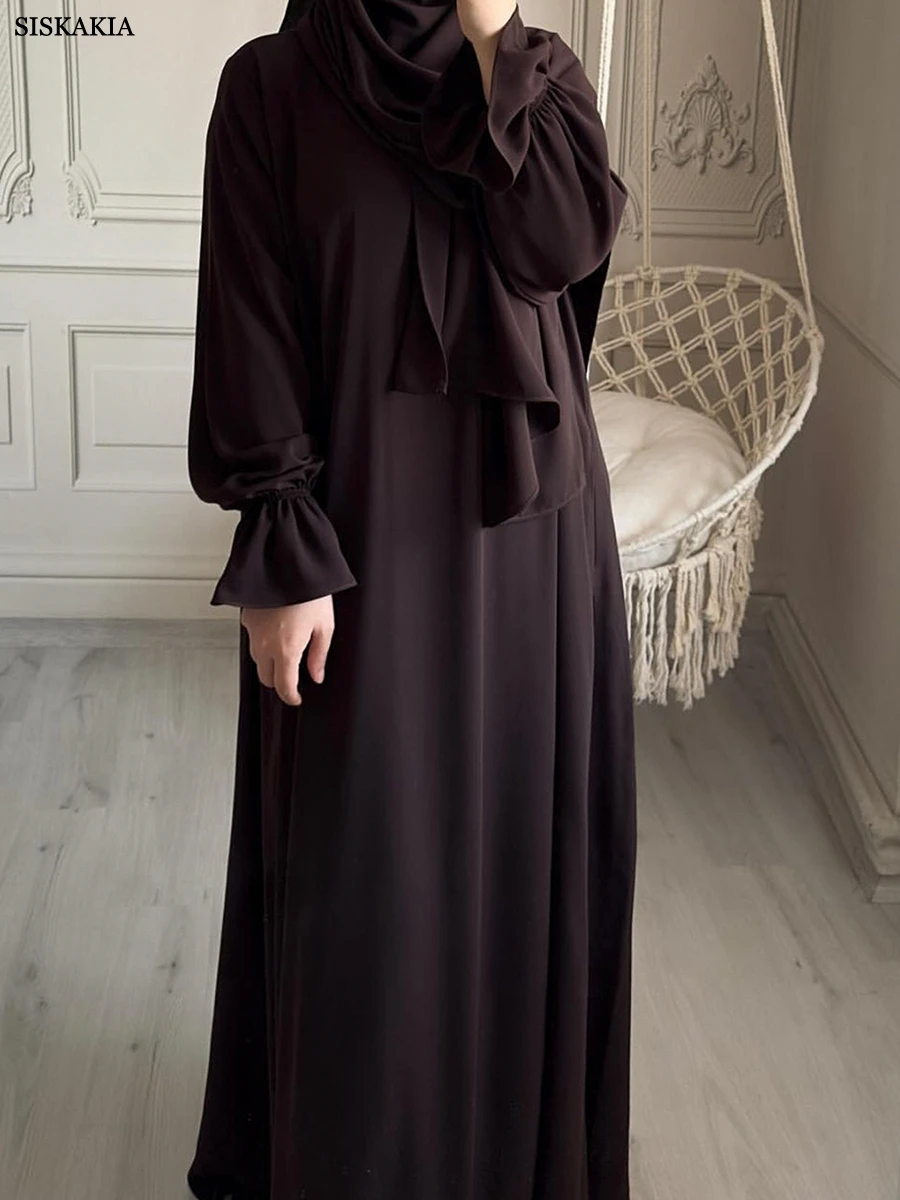 Siskakia Solid Modest Abaya Muslim Woman Dubai Dresses With Headscarf Flare Sleeve Casual Clothing Islam Dubai Prayer Robe