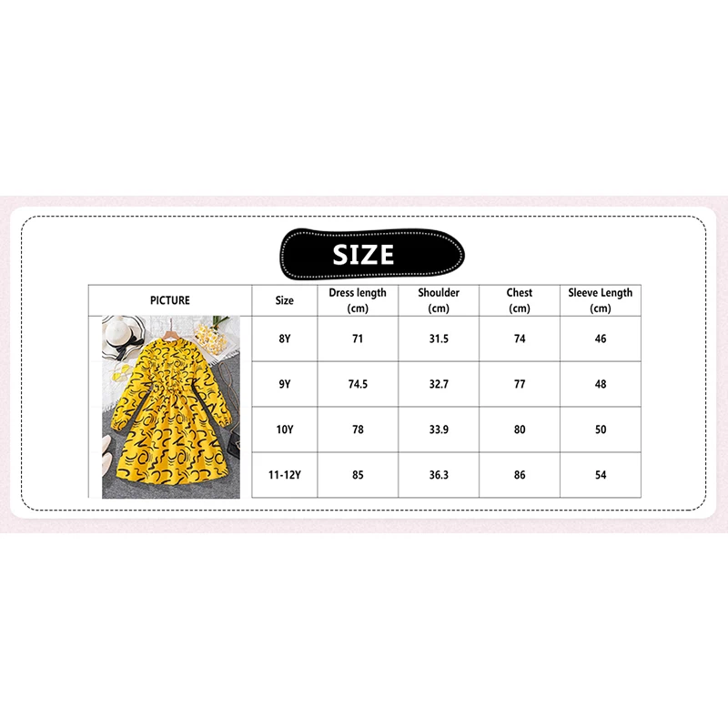 Spring And Autumn Girls Dress 8-12 Age O-neck Black Random Graphic Yellow Long-sleeved Dress