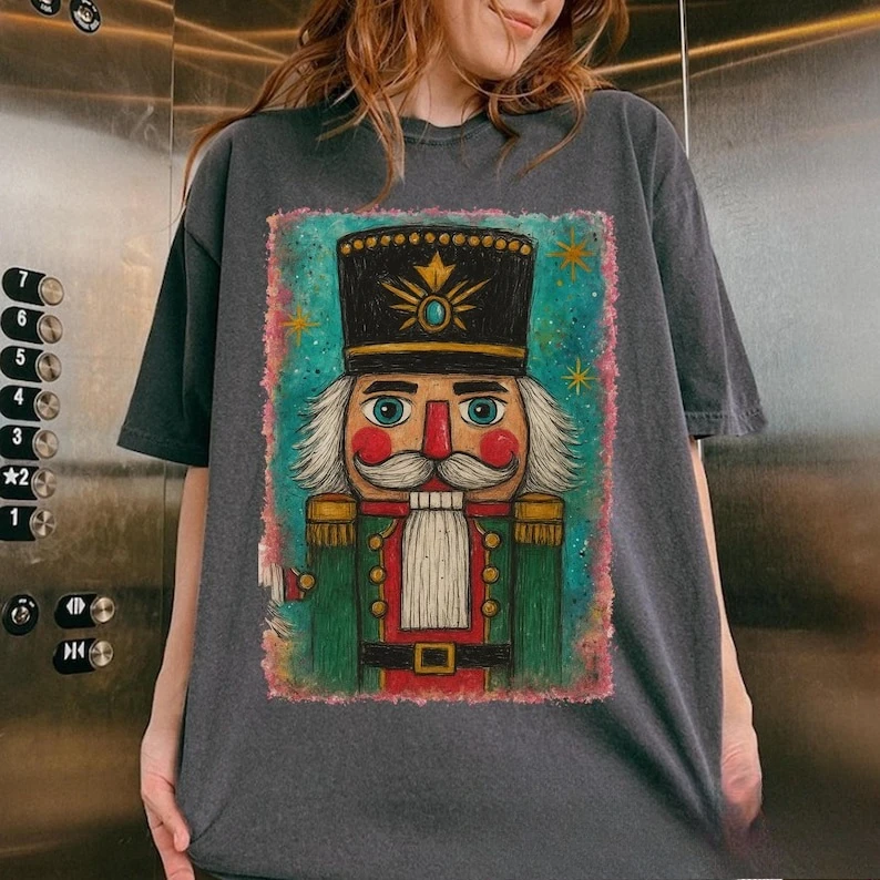 

Preppy Brushstroke Nutcracker Christmas Watercolor Holiday Women's T-Shirt Colorful Xmas Regular Cartoons Print Kawaii Clothes