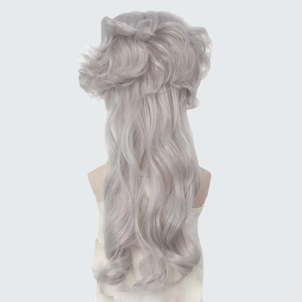 Perucas sintéticas longas e encaracoladas, cabelo cinza prateado com franja para homens, mulheres, meninos, cosplay, festa, halloween, anime